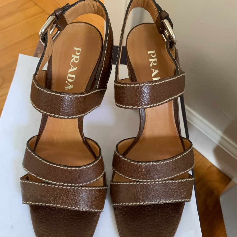 Prada Brown Leather Block Heel Sandals